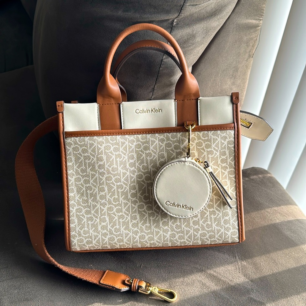 Calvin Klein Brown Cream Removable straps Satchel Purse